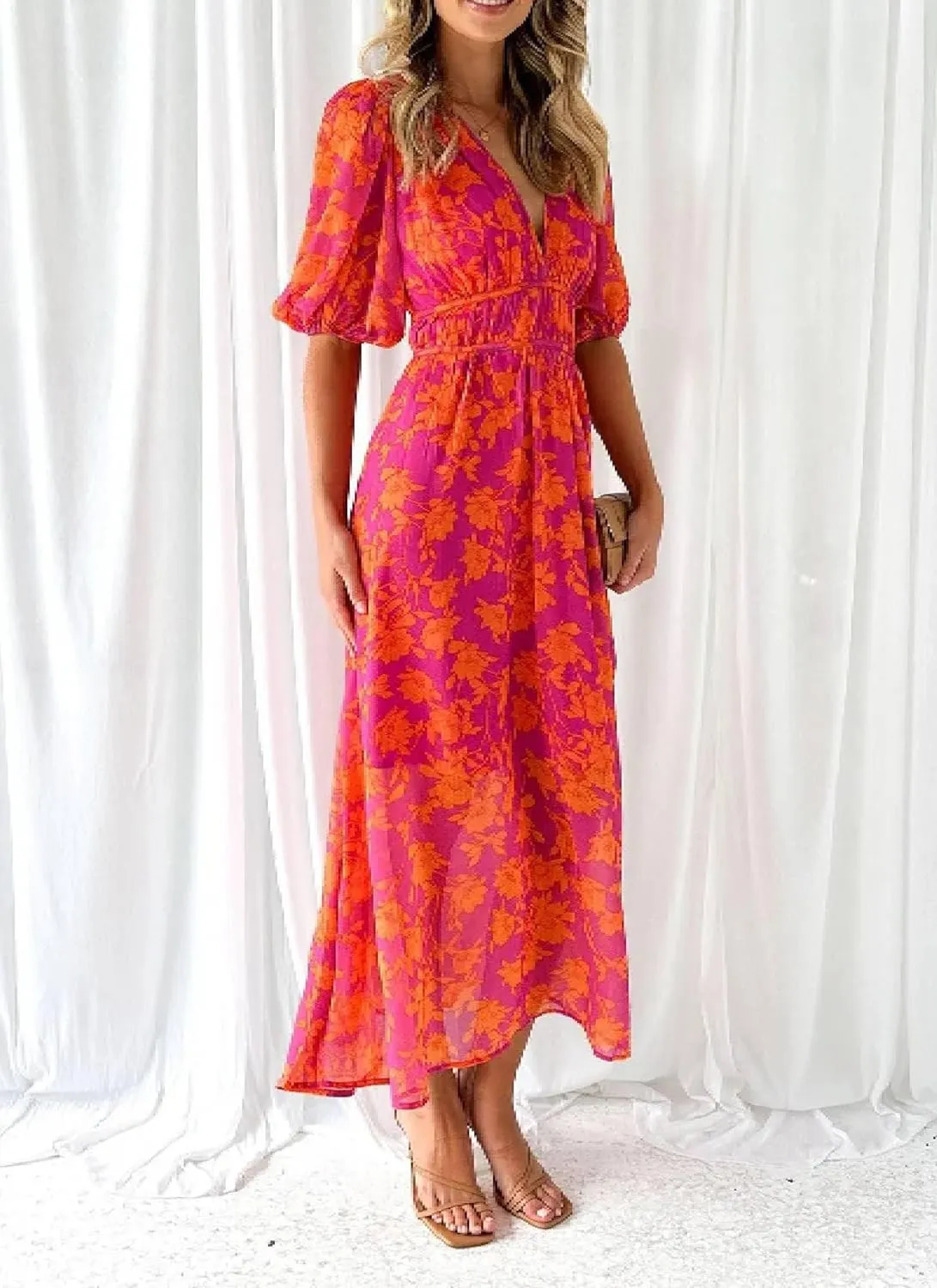 Women's Summer Floral Dress V-Neck Puff Sleeves Cinched Waist Flowy Casual Party Wedding Guest Maxi Dress