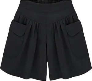 Women's Wide Leg Beach Shorts with Pockets | Elastic Waist Loose Fit Summer Shorts | Plus Size Casual Yoga Running Shorts Black S