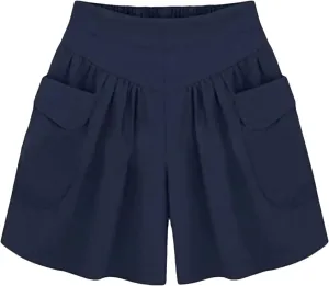 Women's Wide Leg Beach Shorts with Pockets | Elastic Waist Loose Fit Summer Shorts | Plus Size Casual Yoga Running Shorts Navy Blue L