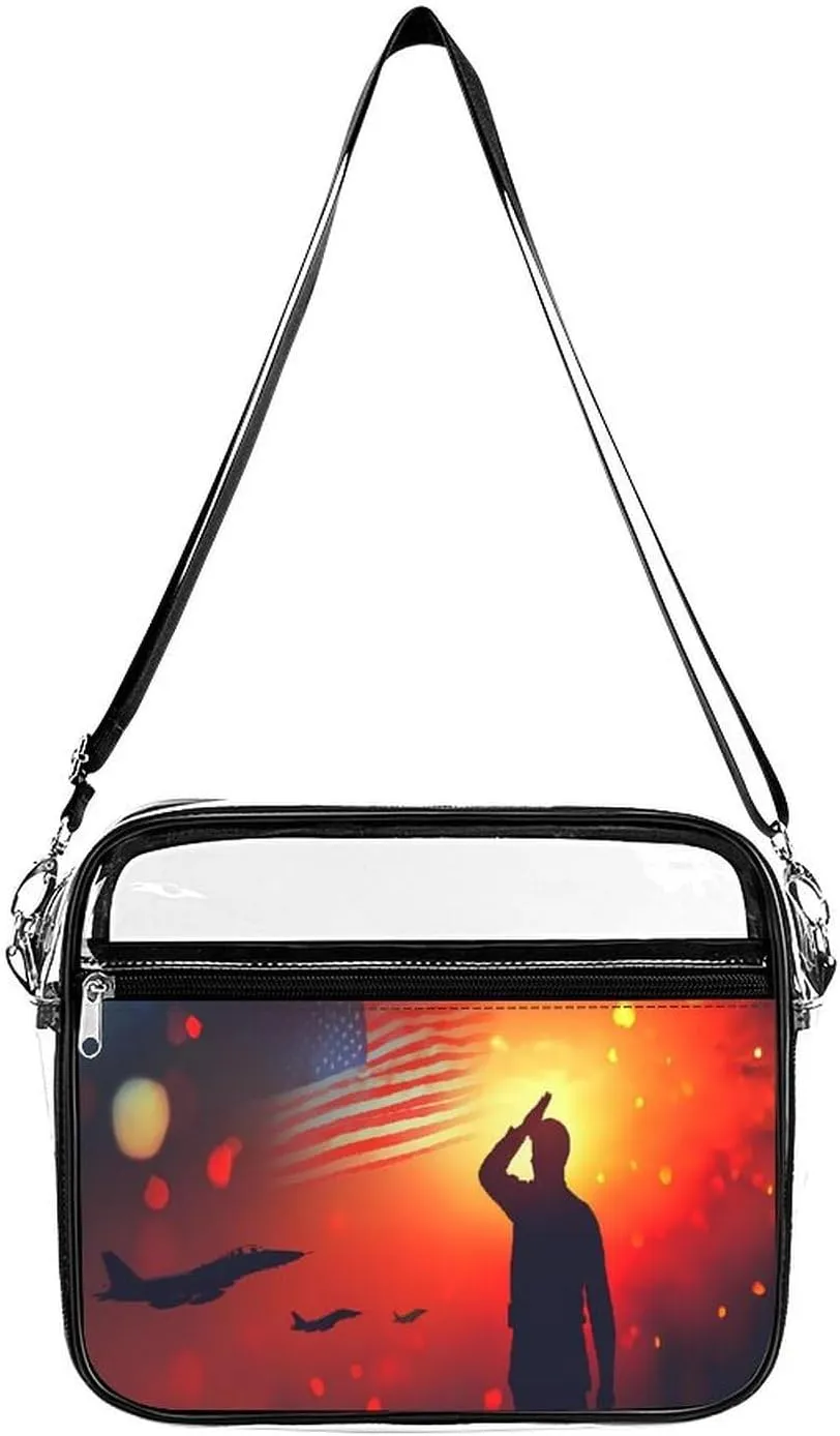 World War II U.S. Flag Soldier Clear Crossbody Bags Shoulder Bag Messenger Purse for Stadium Concerts Sports Events
