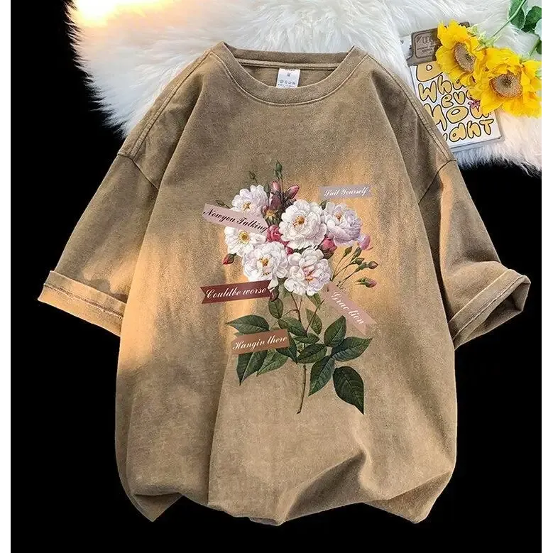 Y2K Flower Print Cotton-Polyester Crew Neck Tee