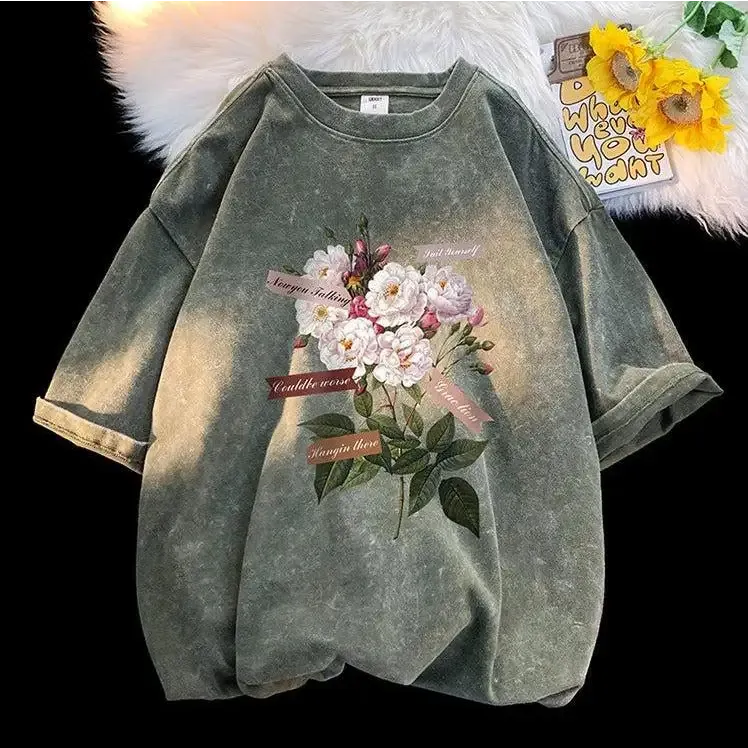 Y2K Flower Print Cotton-Polyester Crew Neck Tee