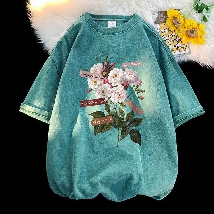 Y2K Flower Print Cotton-Polyester Crew Neck Tee