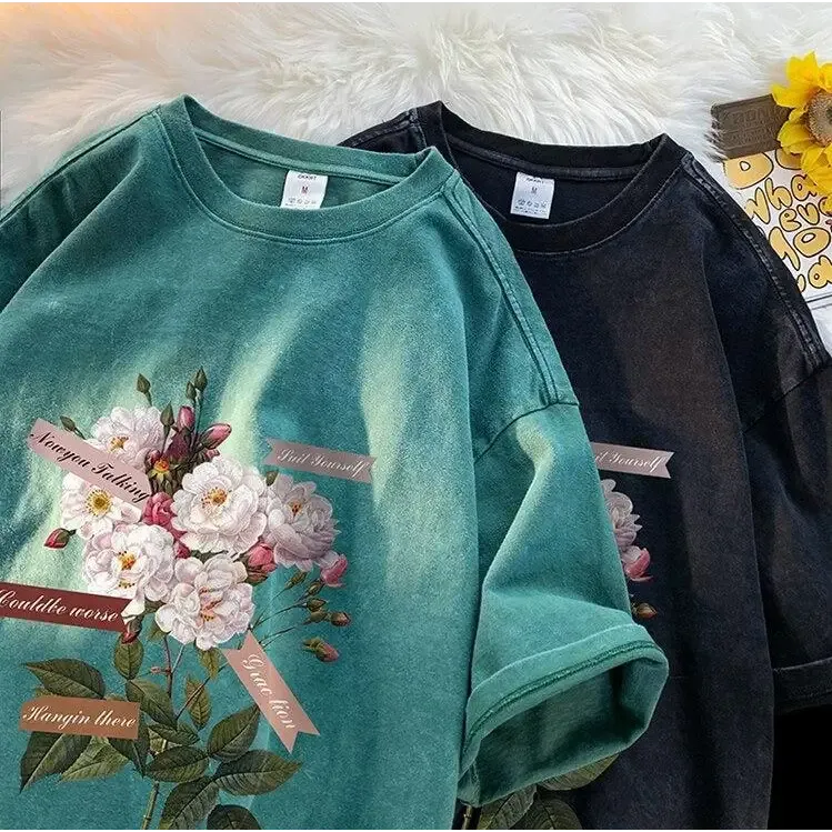 Y2K Flower Print Cotton-Polyester Crew Neck Tee