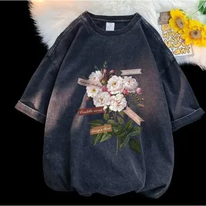 Y2K Flower Print Cotton-Polyester Crew Neck Tee