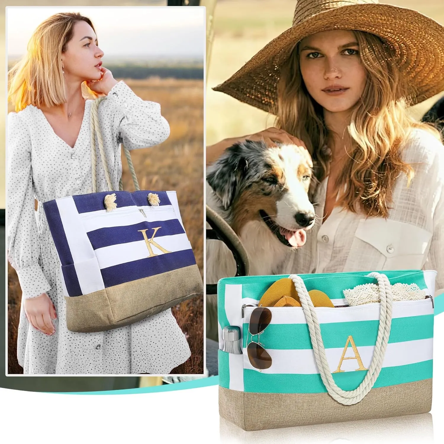 YOOLIFE Mothers Day Gifts - Initial Beach Bags for Women, Personalized Gifts for Women Mom Wife Teacher Friend Birthday