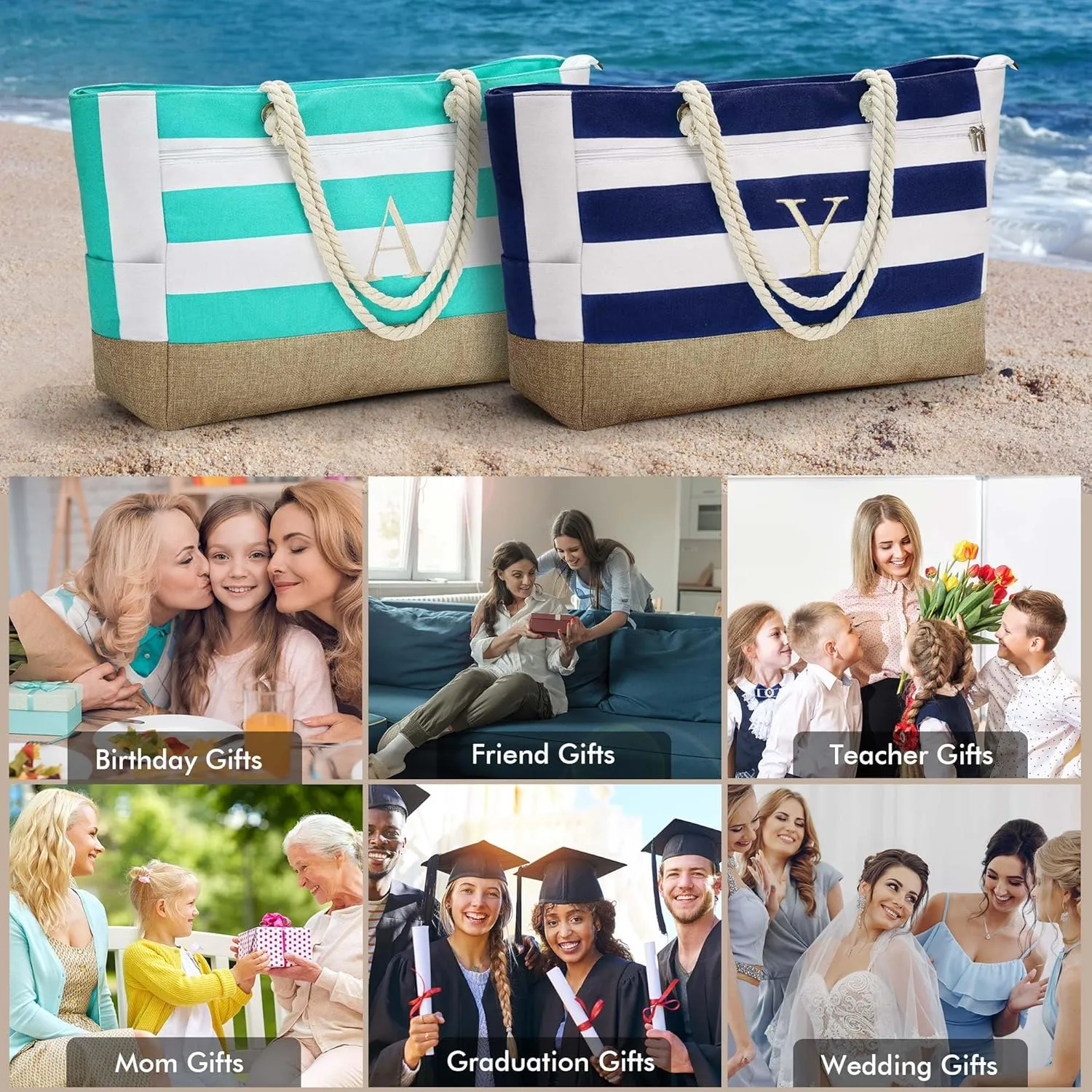 YOOLIFE Mothers Day Gifts - Initial Beach Bags for Women, Personalized Gifts for Women Mom Wife Teacher Friend Birthday